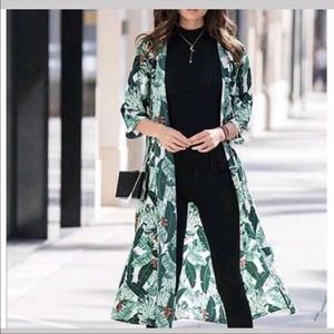 NWT Rachel Zoe Collection Exclusive Palm Print Tie Front Duster Green White OS